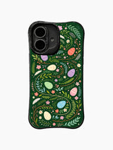 Wild Bunny Trail / Winding Woodland Eggs: Several winding leafy stems surrounding spaced pastel eggs and tiny blossoms.
