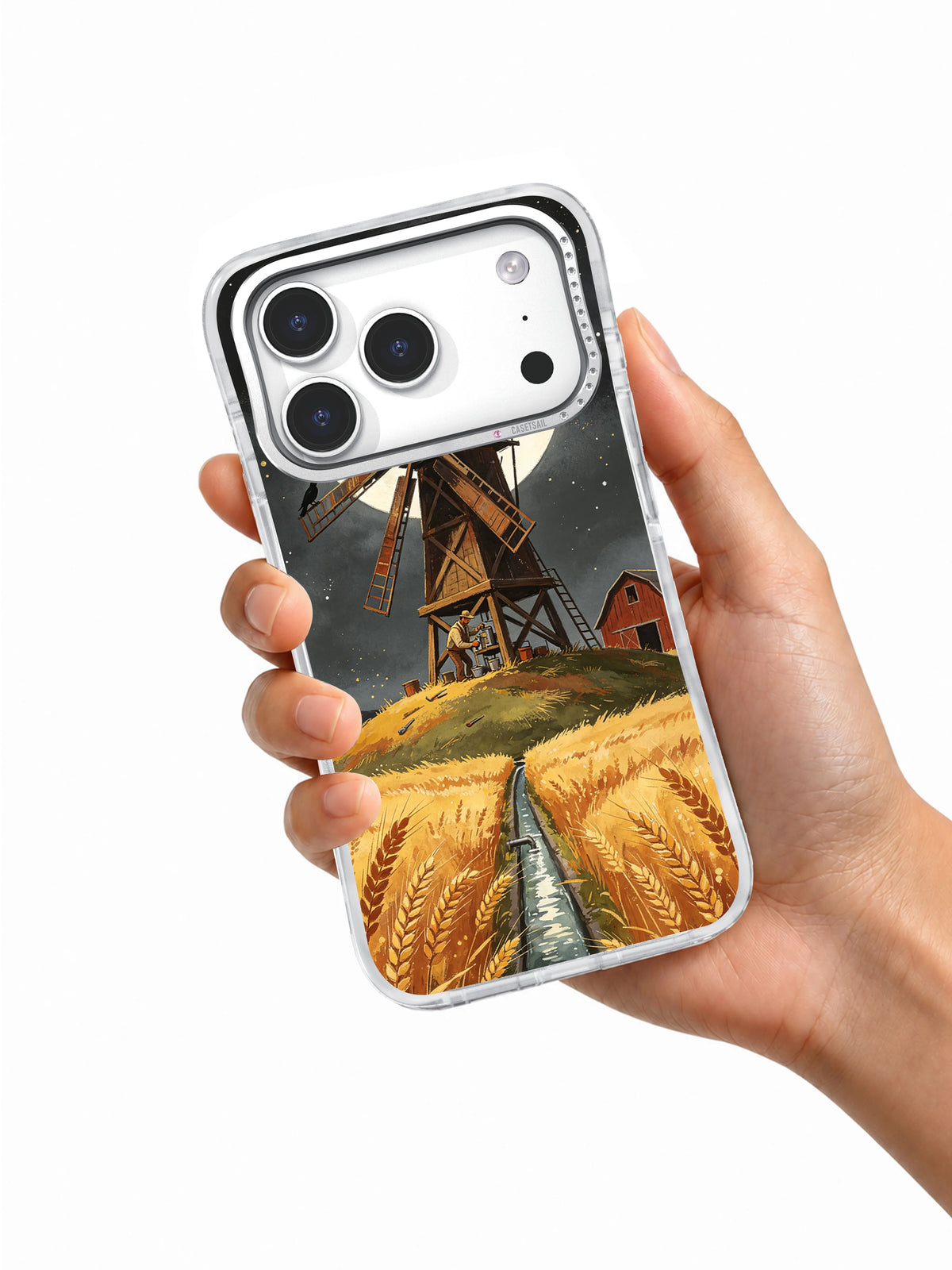 The Windmill and the Helpful Crows iPhone case held in hand