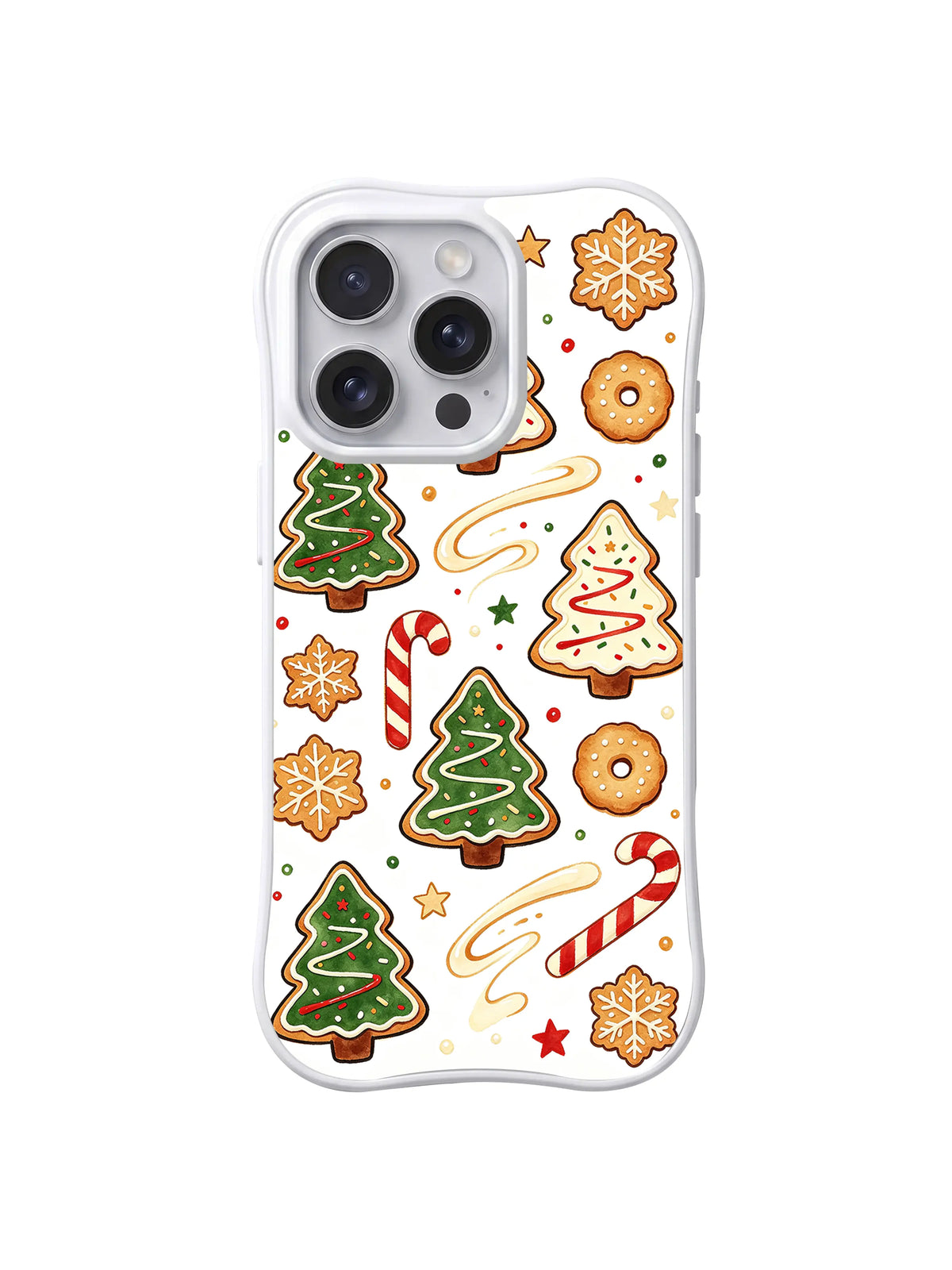Winter Bakery Wishes / Tree Cookie Parade: Yeşil ve krem ağaçlar, kar tanesi kurabiyeler, kıvrılan krem çizgiler ve şekerler.
