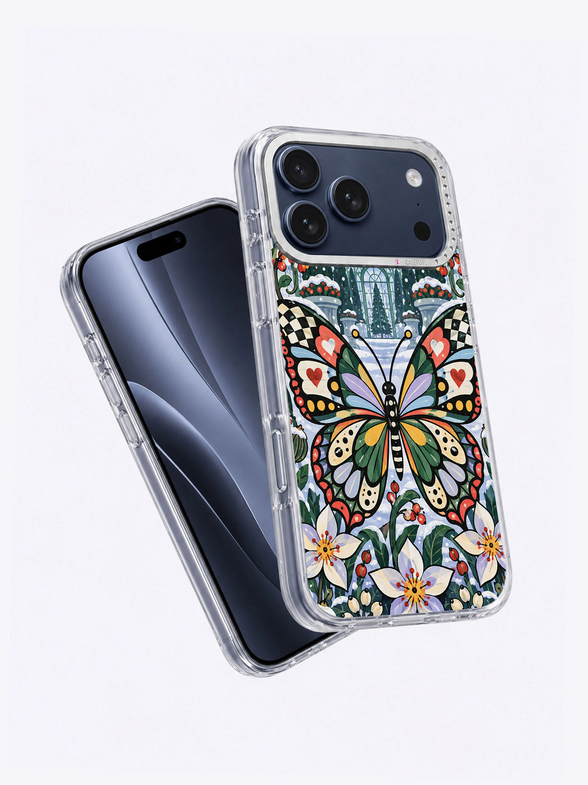 Angled view of Winter Butterfly Conservatory iPhone 17 Pro Max case