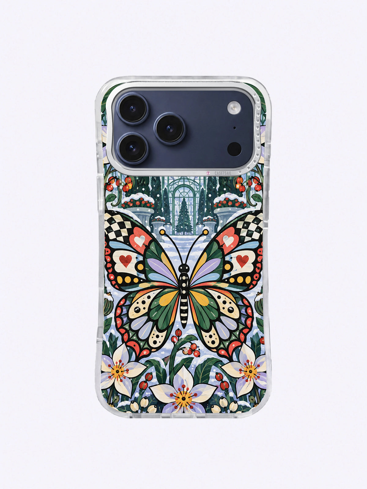 Front view of Winter Butterfly Conservatory iPhone 17 Pro Max case