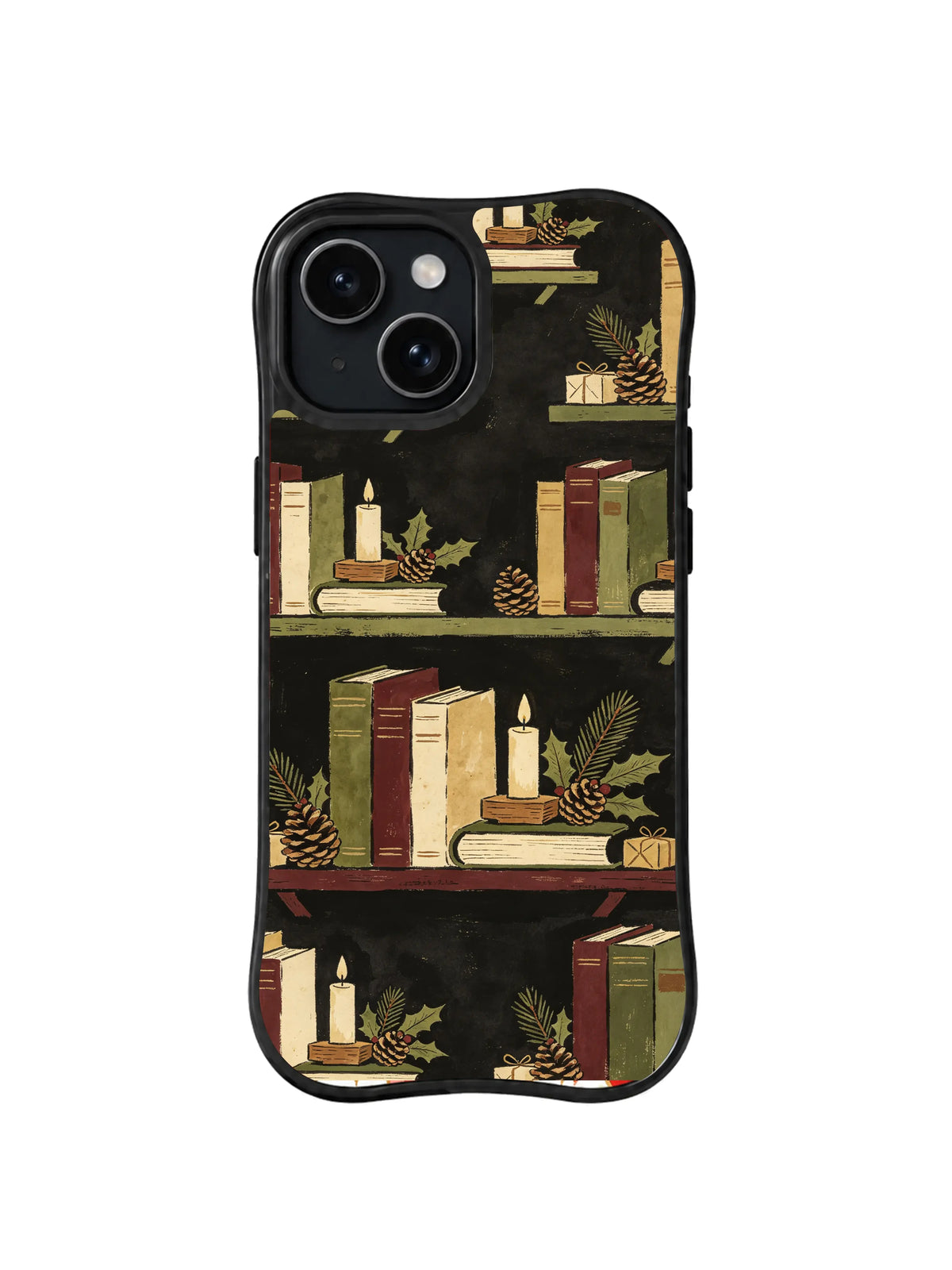 Vintage book rows, candles and holly on charcoal iPhone 15 case, pattern five