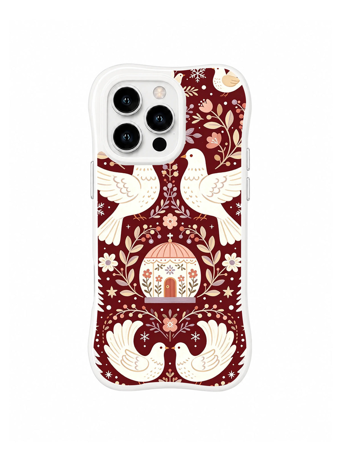 Four ivory doves surrounding a round floral cottage garden beneath a pale moon on burgundy iPhone 13 Pro case