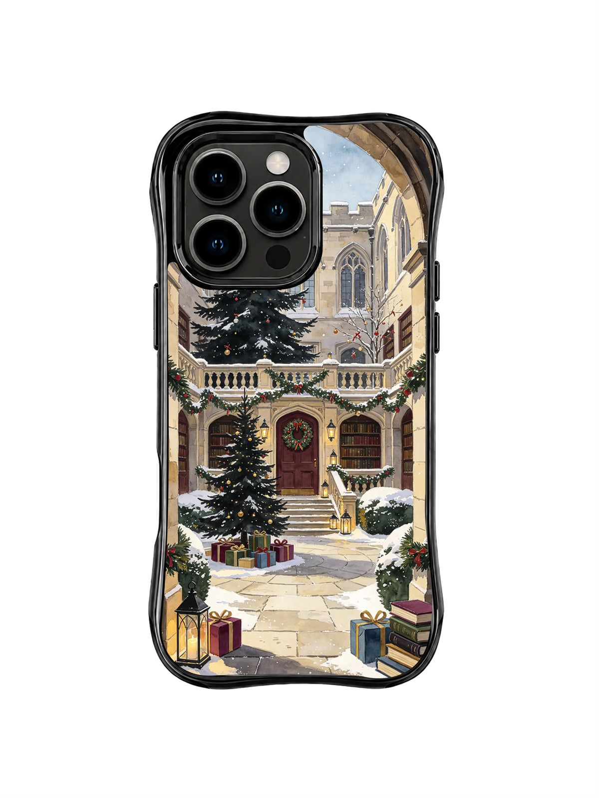 Dark academia Christmas iPhone 16 Pro case with garland balustrades, snowy courtyard and gifts