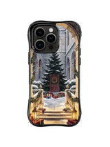 Winter courtyard iPhone 16 Pro case with lantern stairs, oxblood door and book-shaped parcels