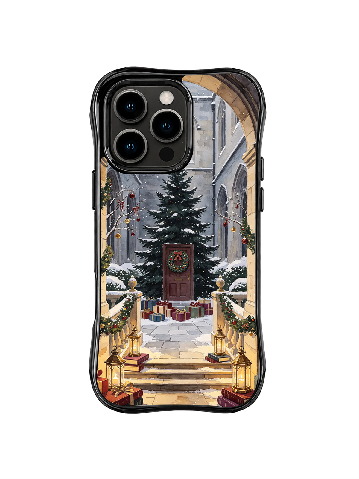 Winter courtyard iPhone 16 Pro case with lantern stairs, oxblood door and book-shaped parcels