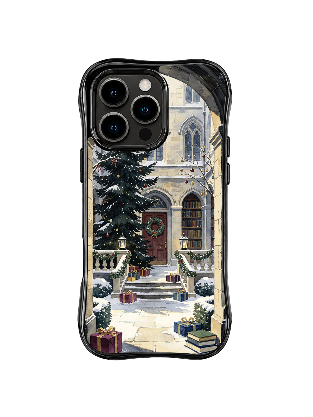 Aesthetic library iPhone 16 Pro case with snowbound evergreen, stone arches and ribboned books