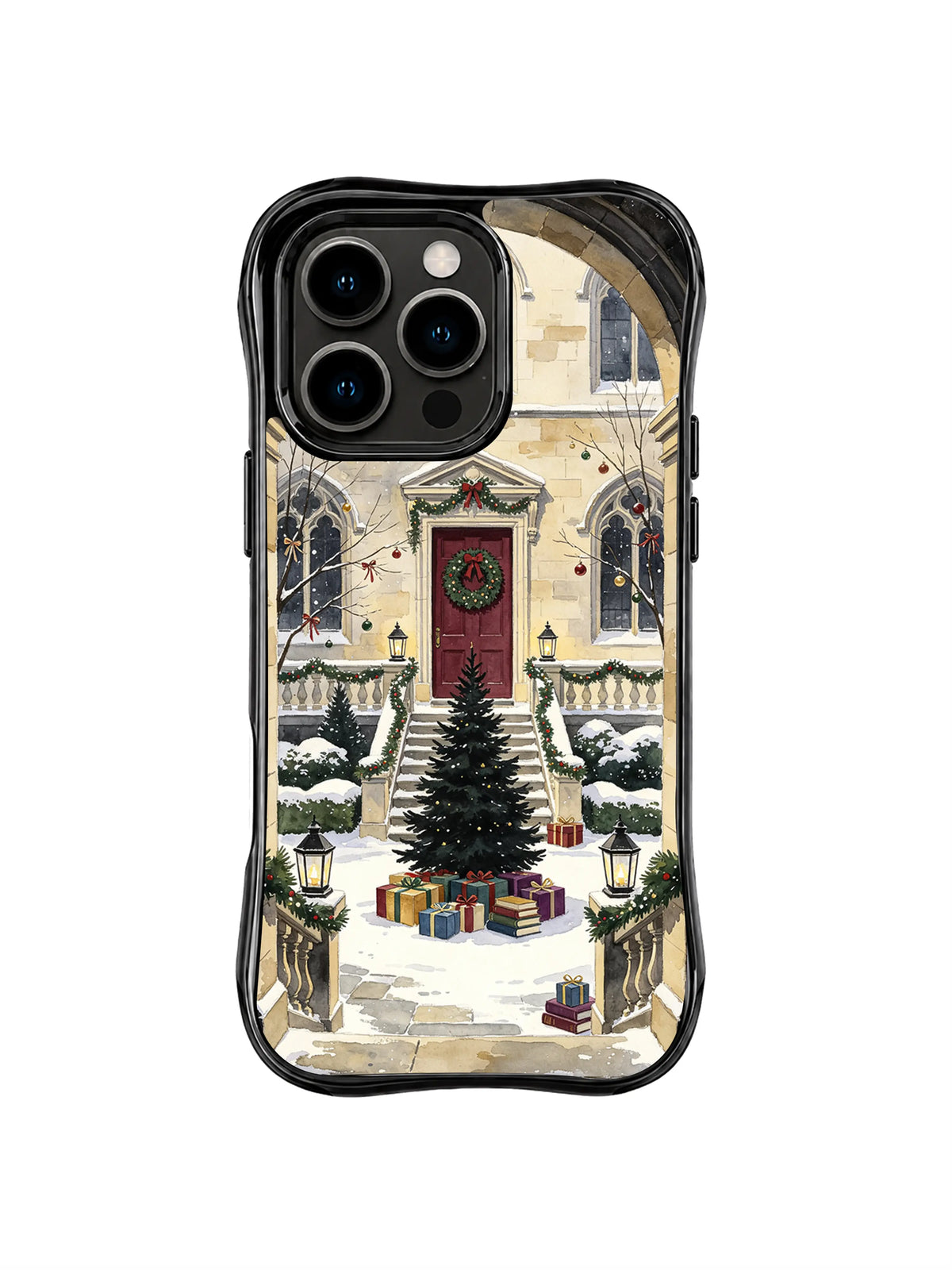 Winter Library Courtyard iPhone 16 Pro case with wreath door, evergreen tree, lanterns and book gifts