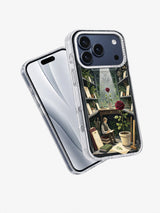 Angled view of The Winter Rose Archive artwork phone case beside a blank case shell