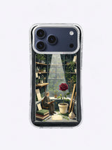 Night botanical study framed by dark greenhouse shelves on an iPhone 17 Pro Max case