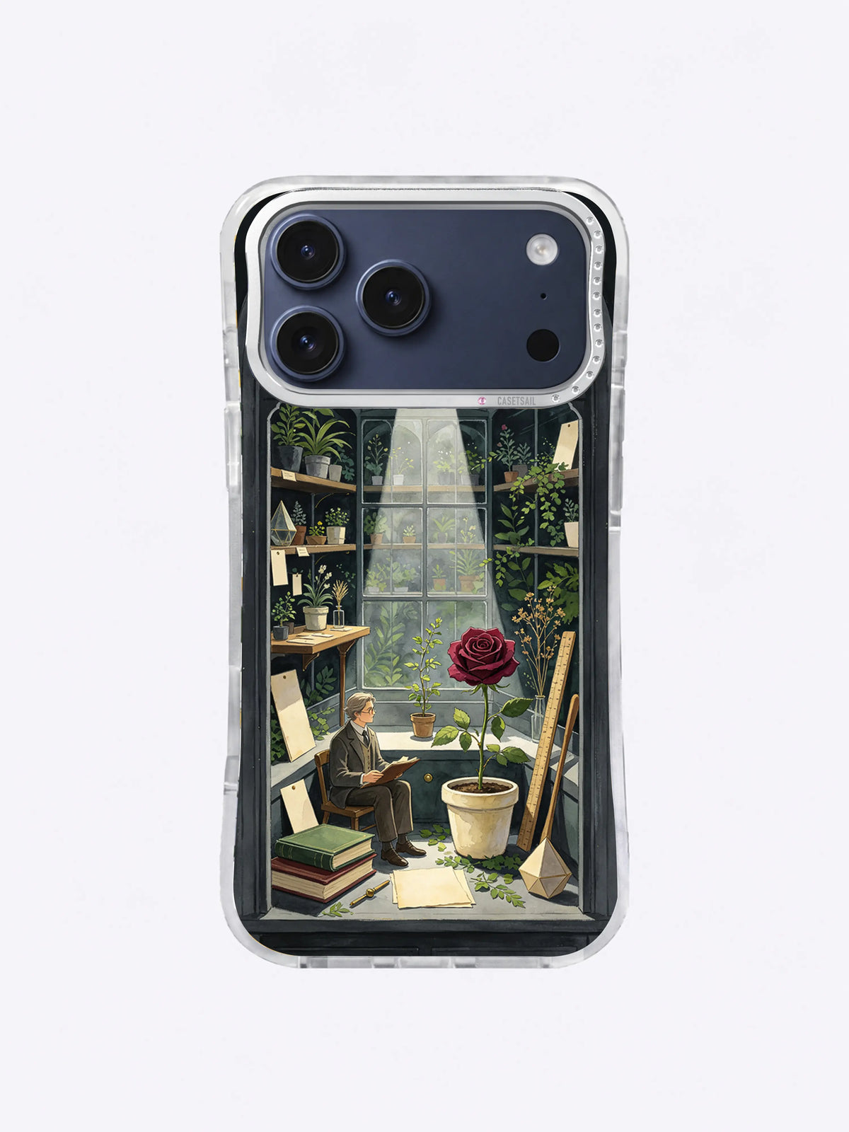 Night botanical study framed by dark greenhouse shelves on an iPhone 17 Pro Max case
