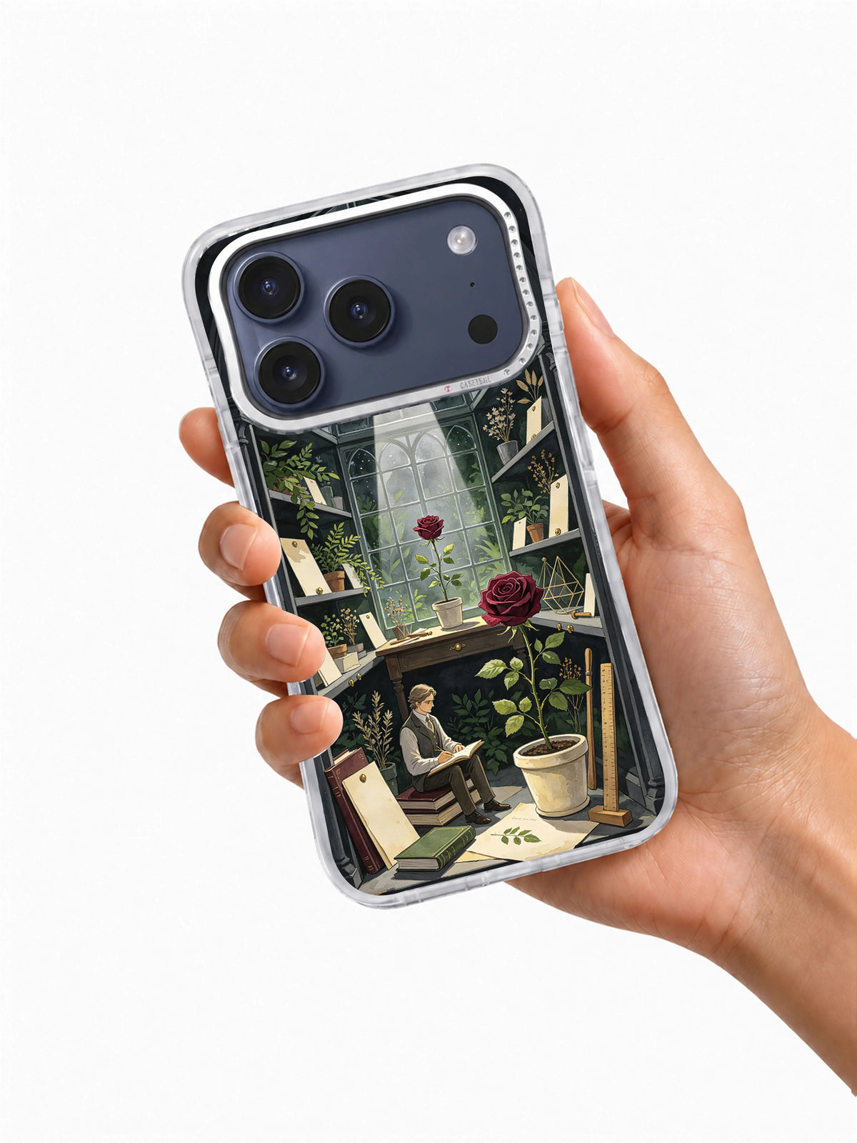Hand holding The Winter Rose Archive artwork phone case