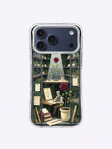 Moonlit greenhouse archive with an oxblood rose and plant recorder on an iPhone 17 Pro Max case