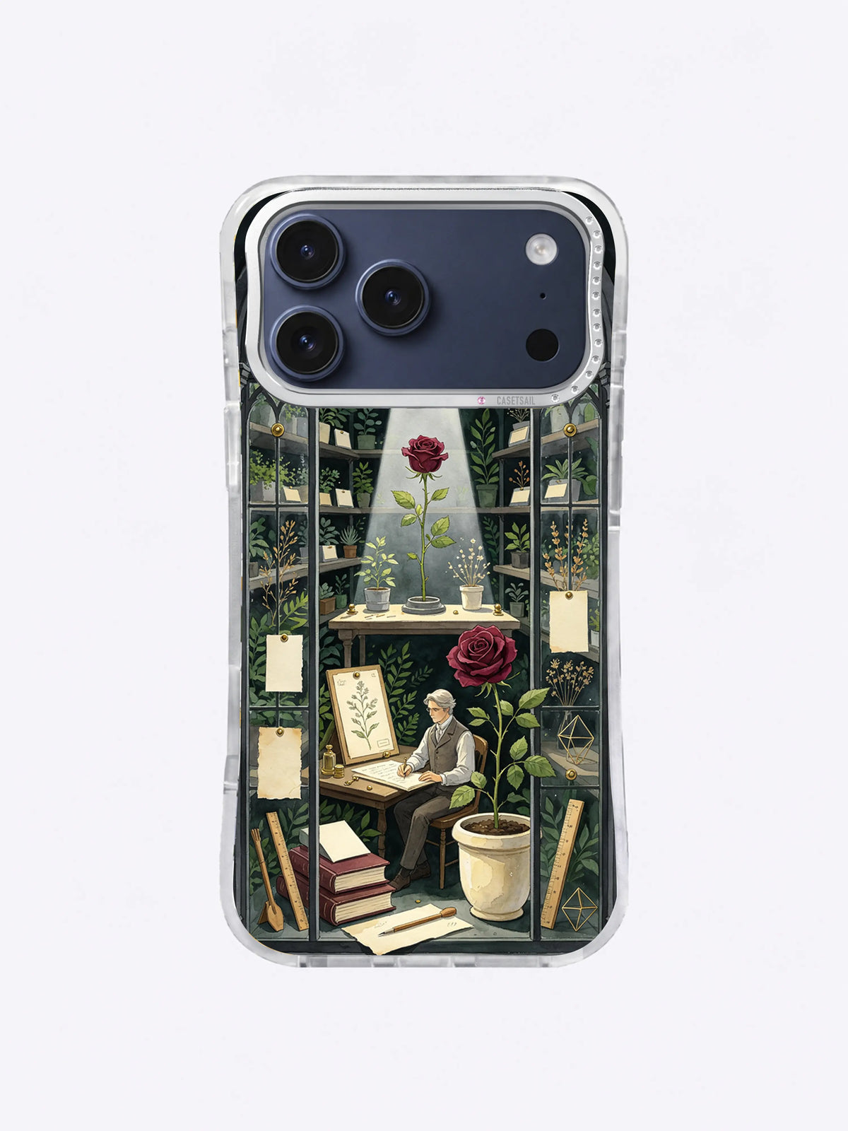 Moonlit greenhouse archive with an oxblood rose and plant recorder on an iPhone 17 Pro Max case