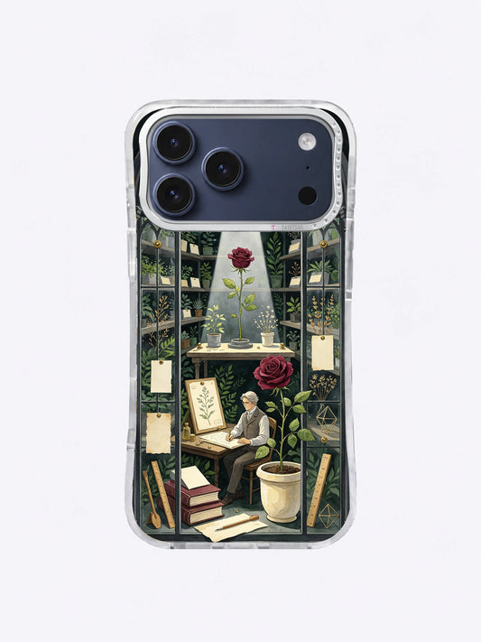Moonlit greenhouse archive with an oxblood rose and plant recorder on an iPhone 17 Pro Max case