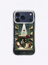 Plant recorder observing a winter rose among parchment botanical records on an iPhone 17 Pro Max case