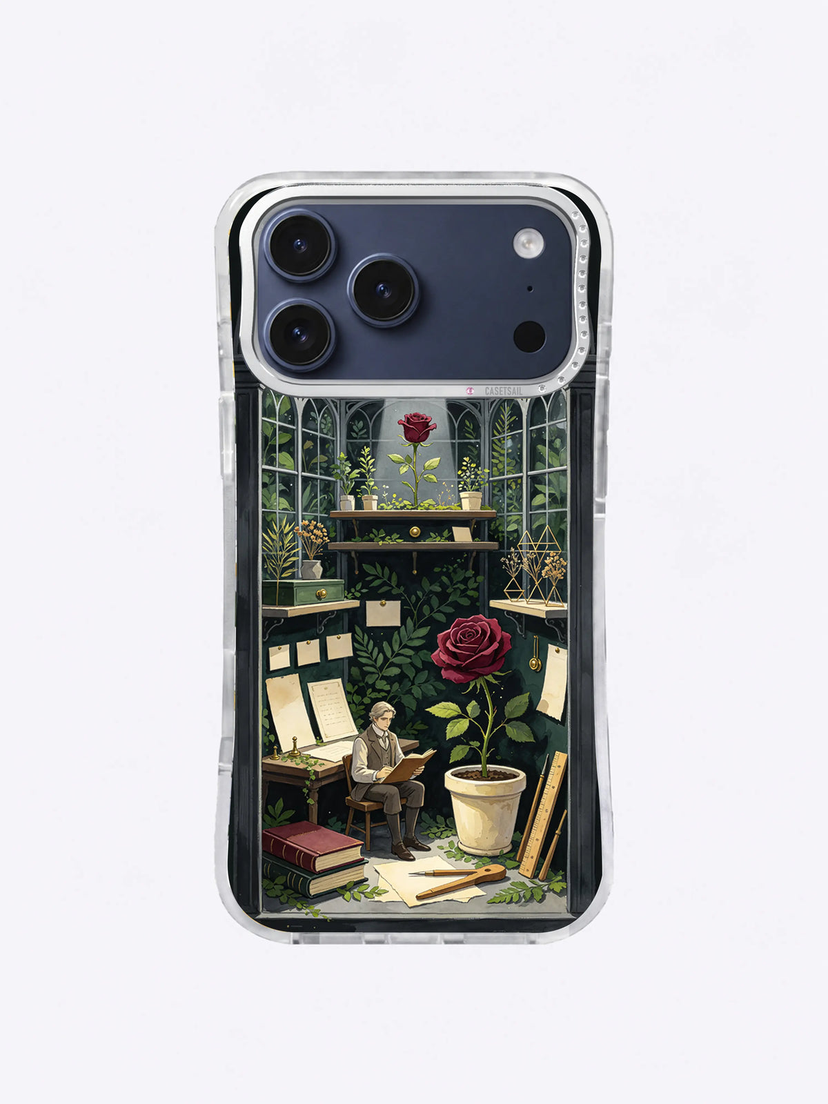 Silver moonbeam descending through a gothic greenhouse dome on an iPhone 17 Pro Max case