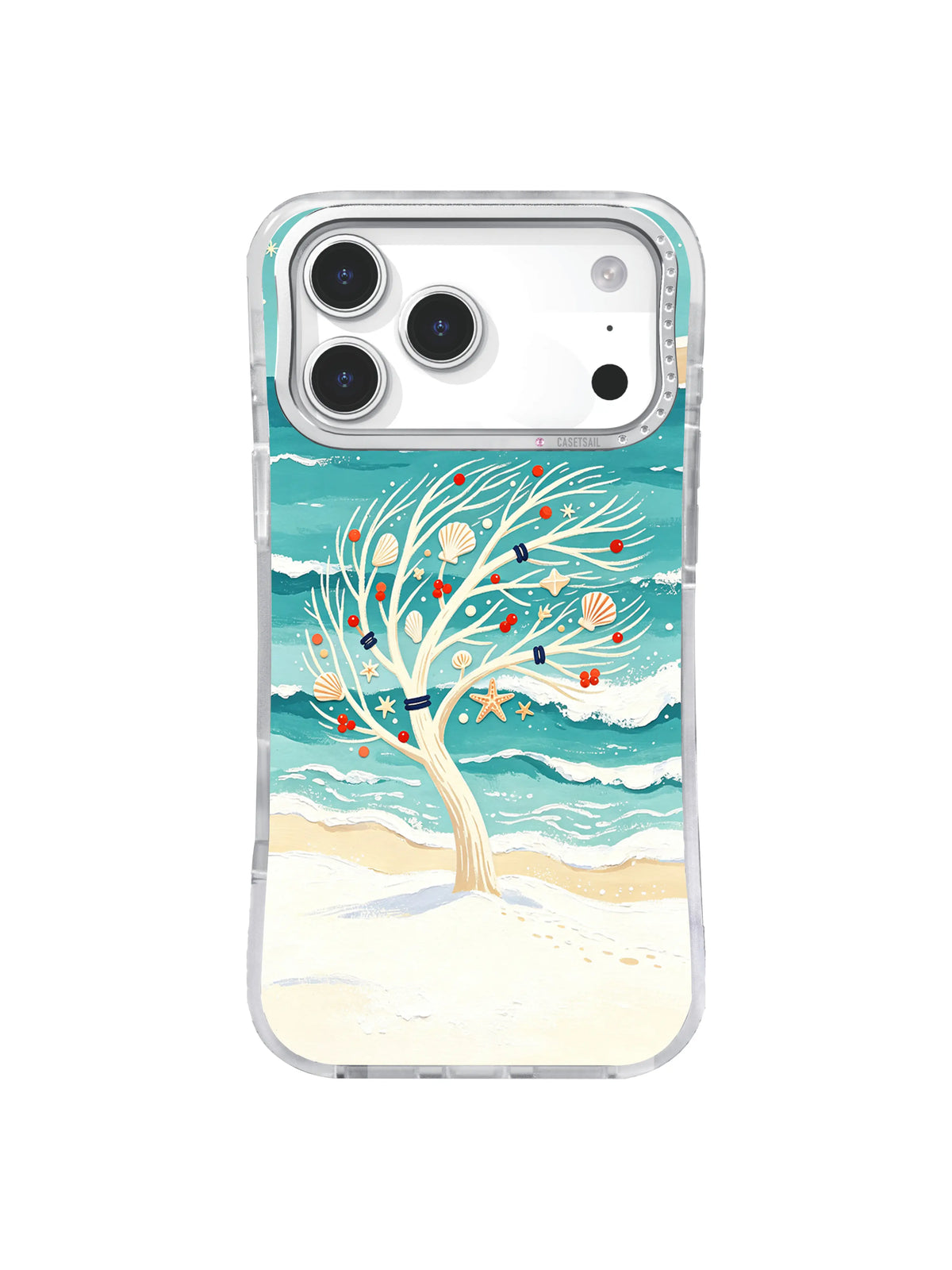 Ivory shell tree stands between turquoise waves and snow on an iPhone 17 Pro case