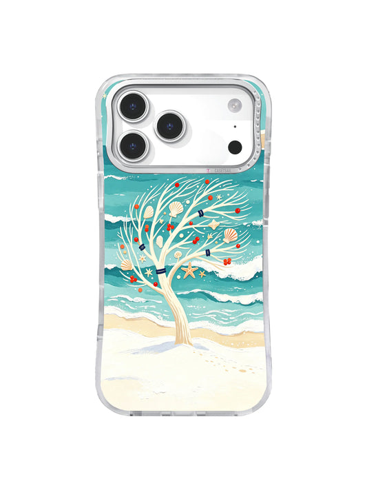 Ivory shell tree stands between turquoise waves and snow on an iPhone 17 Pro case