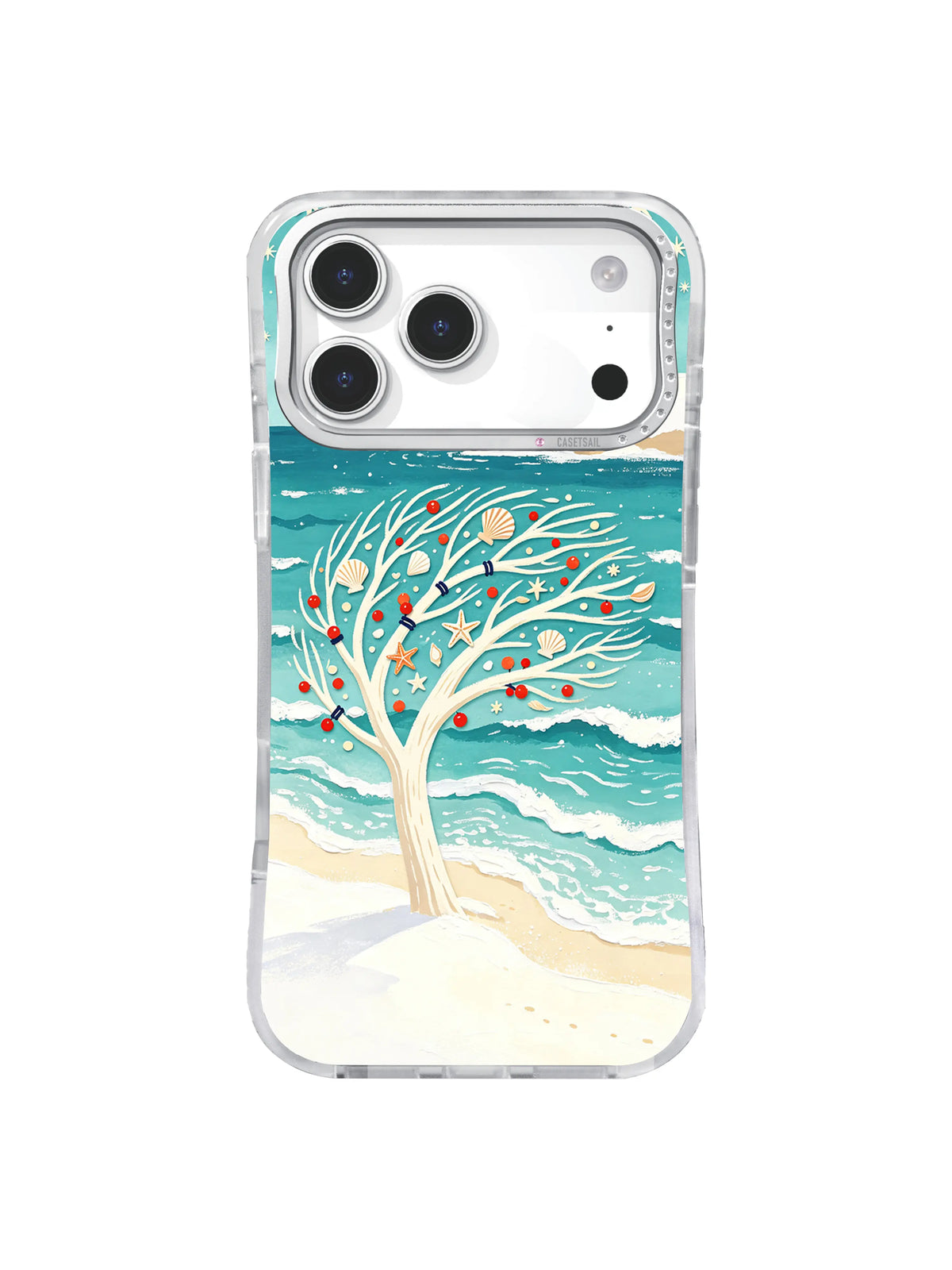 Coral berries and starfish decorate a coastal winter tree on an iPhone 17 Pro case