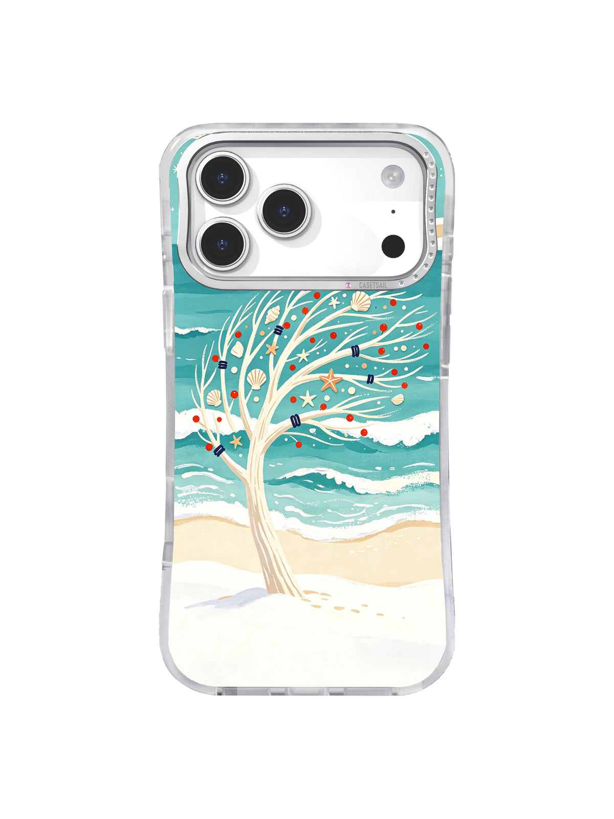 Wind-swept ivory branches rise above a sandy shore and teal sea on an iPhone 17 Pro case