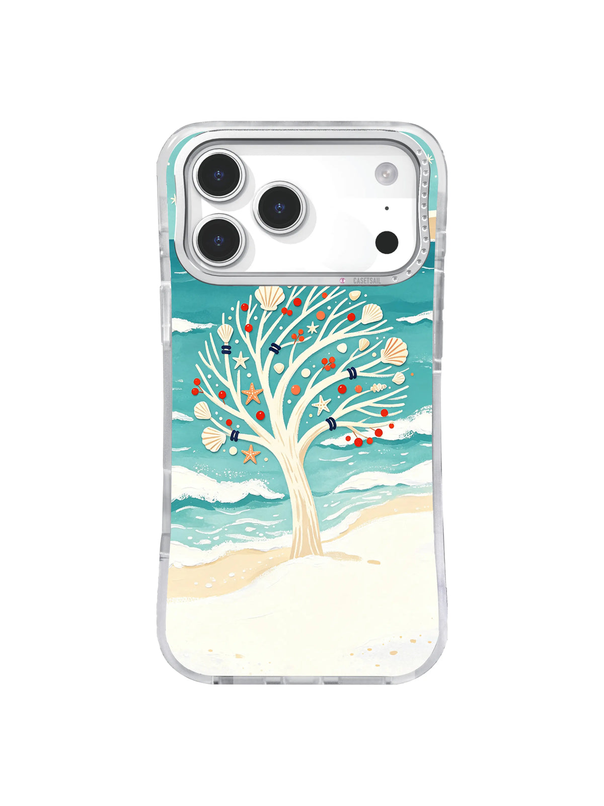 Coastal folk art tree, coral accents and cream stars on an iPhone 17 Pro case