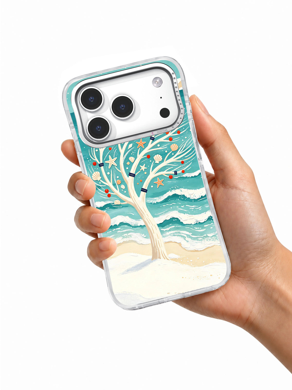 Hand holding the Winter Tide Tree iPhone 17 Pro case