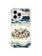 Winter Treasure Shore pattern on a clear-edged iPhone 14 Pro case with layered navy and seafoam waves, blank bottles, shells, pearls, pine sprigs and a coral bow