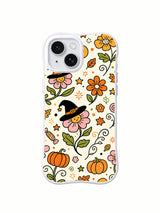 Witch Hat Blossom Parade iPhone 14 case front view with flowers pumpkins and tiny witch hats