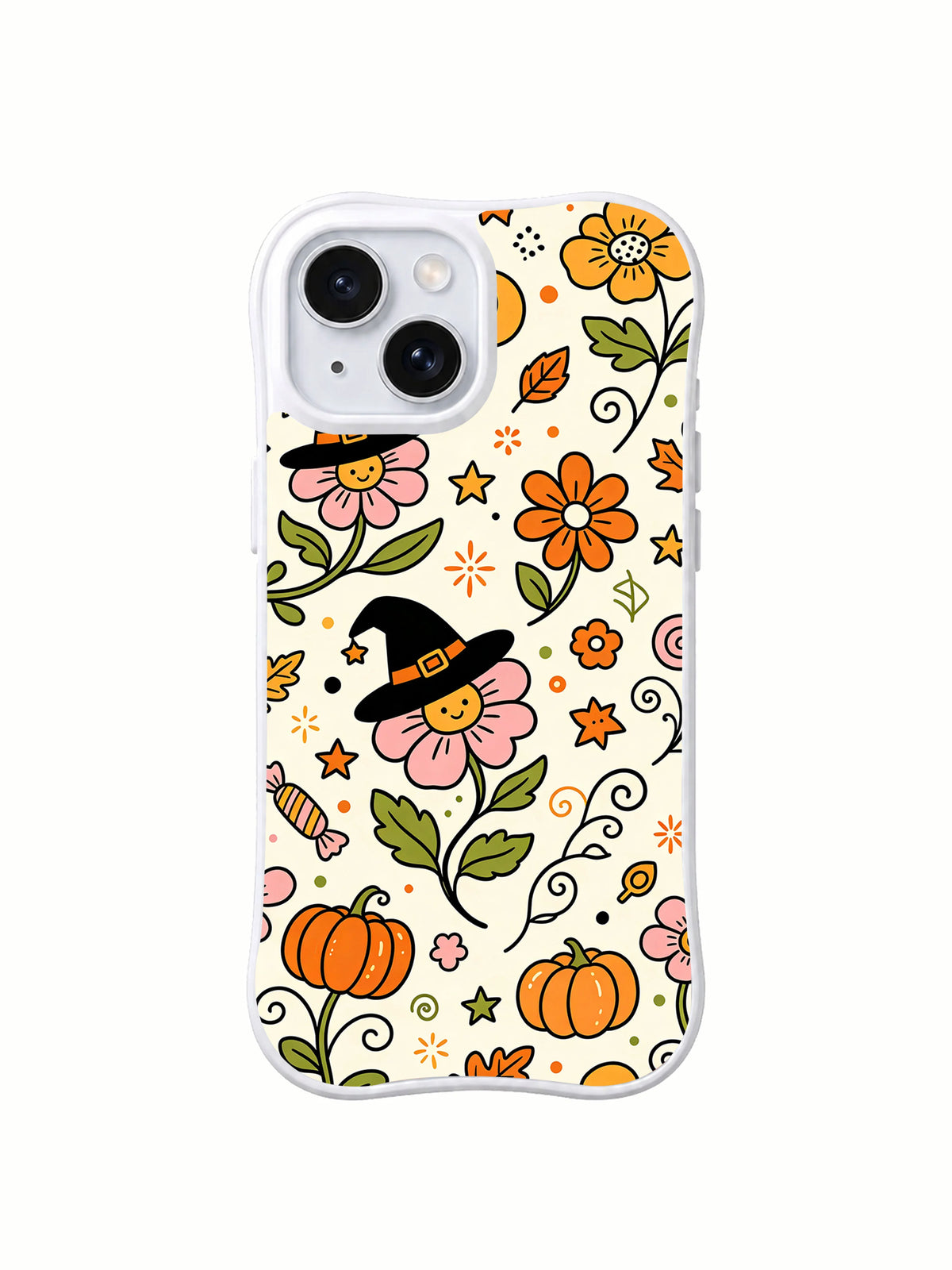 Witch Hat Blossom Parade iPhone 14 case front view with flowers pumpkins and tiny witch hats