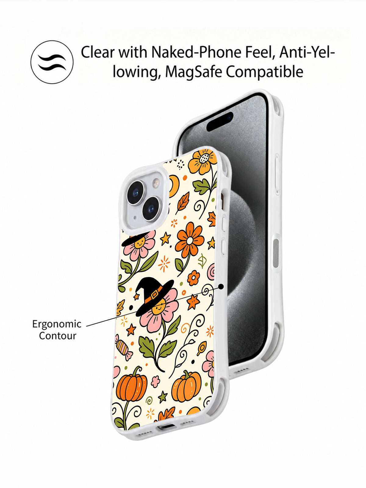Witch Hat Blossom Parade iPhone 14 case angled view showing its contoured shape