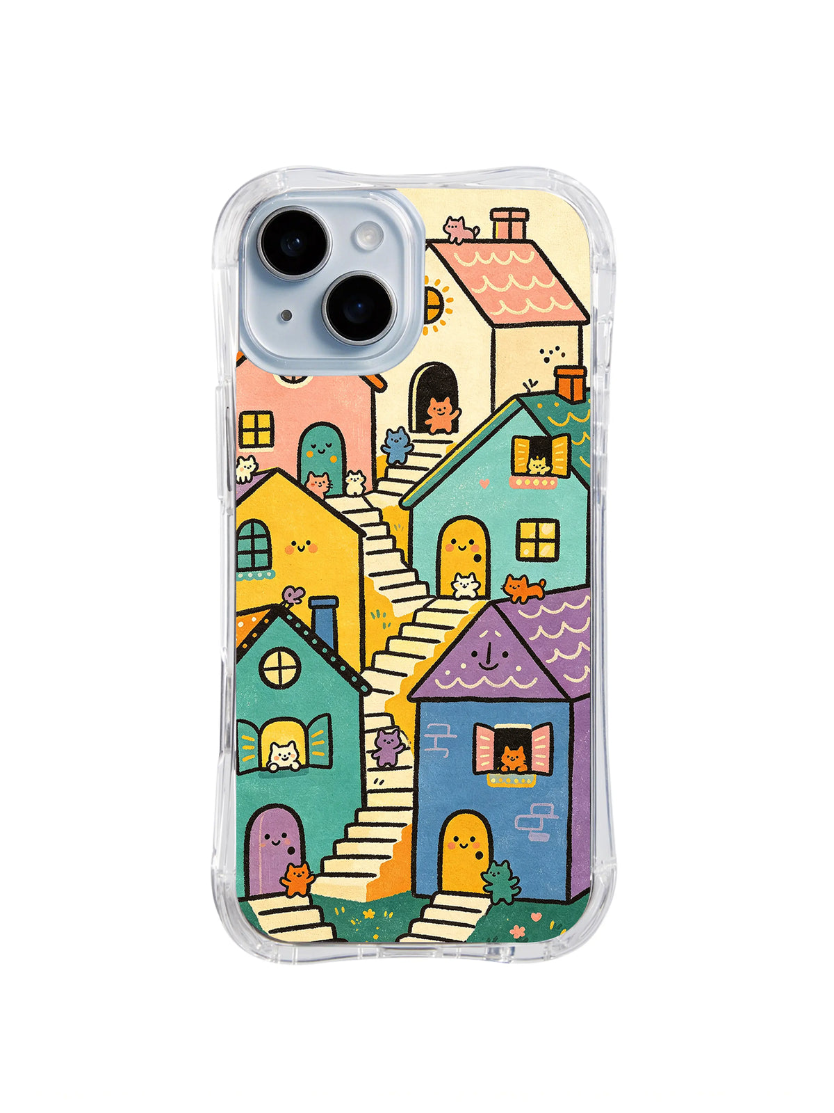 Cat Stairway Neighborhood: Cats appear in windows and doorways along a colorful stairway town.