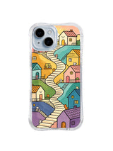 Winding Morning Stair Road: A long pale stair road curves between bright hillside houses.