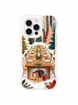Woodland Feast Table case art with enclosed candles, evergreen garland and festive tableware