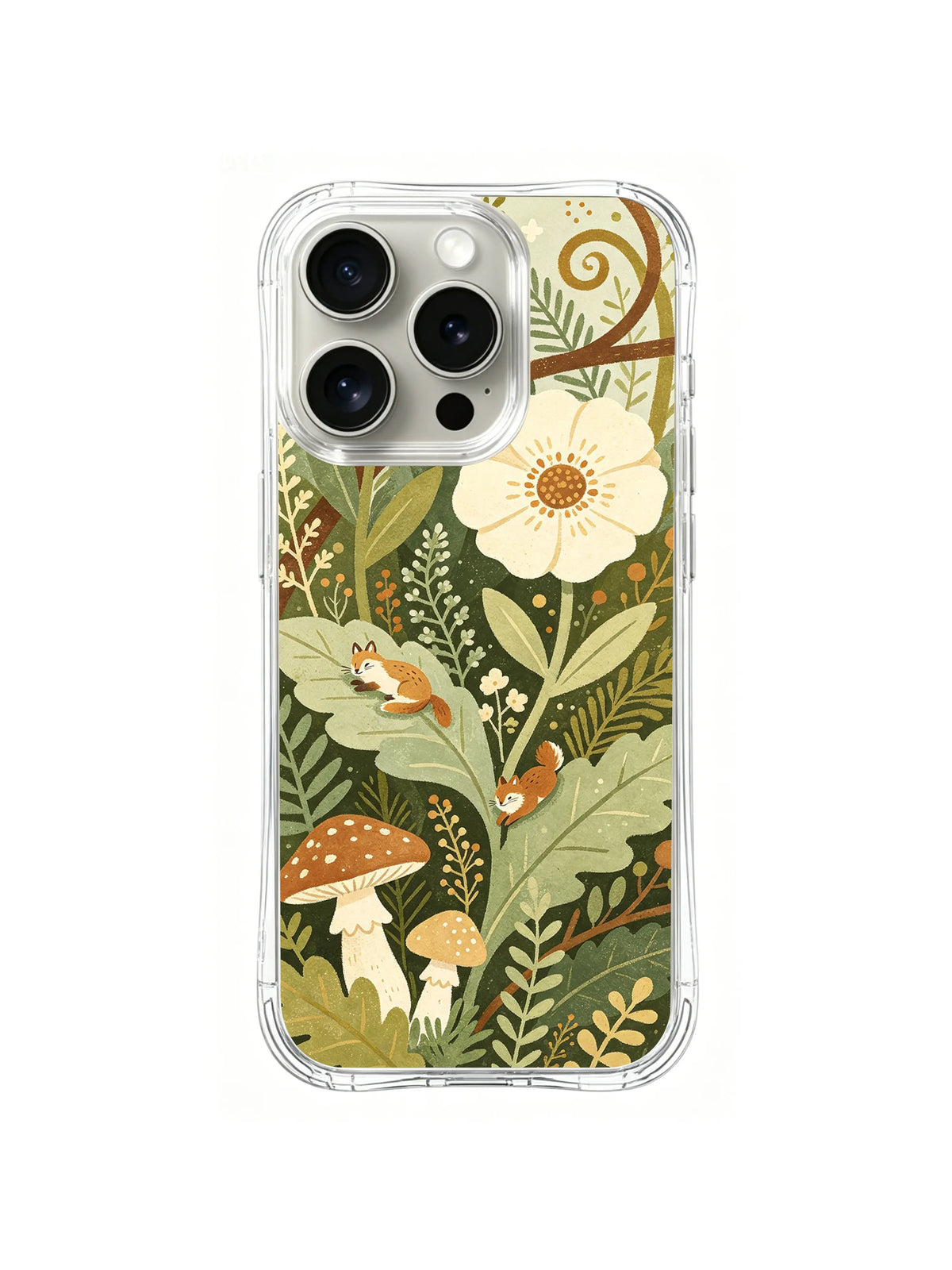 Secret Woodland Garden / Woodland Fox Hollow: Krem çiçekler, yeşil yapraklar ve benekli mantarlar arasında geniş yaprağa kıvrılmış küçük turuncu hayvan.