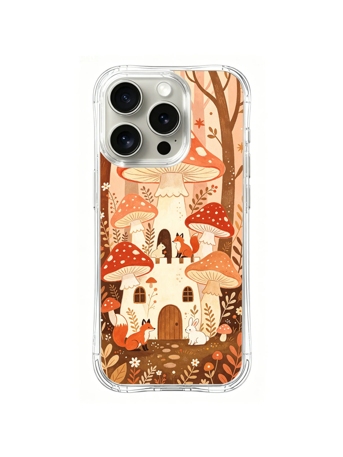 Woodland Mushroom Parade / Autumn Mushroom Gathering: A tiered mushroom home with a fox on an upper ledge and a fox and rabbit by the lower door.