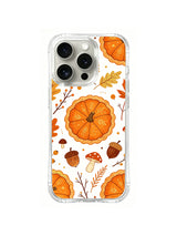 Woodland Thanksgiving Treats / Pumpkin Pie Woodland: Segmented pumpkin-shaped pies with mushrooms, acorns and sparse orange leaves on white.