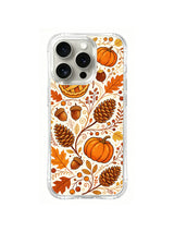 Woodland Thanksgiving Treats / Pinecone Pumpkin Trail: Brown pinecones and orange pumpkins amid dense curling stems, acorns and oak leaves.