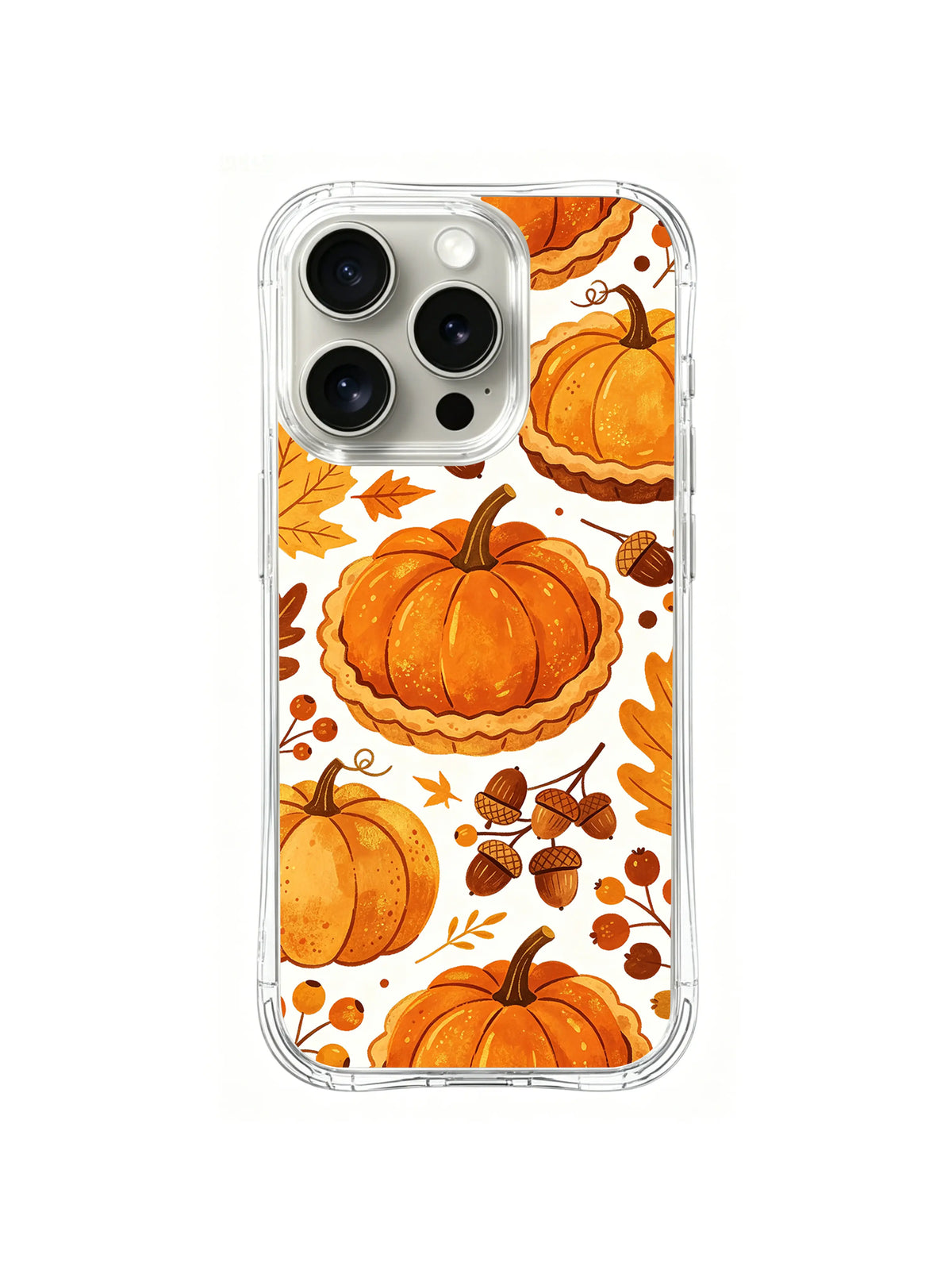 Woodland Thanksgiving Treats / Golden Pumpkin Grove: Large pumpkin-shaped pastries alternating with small acorns and orange leaves.