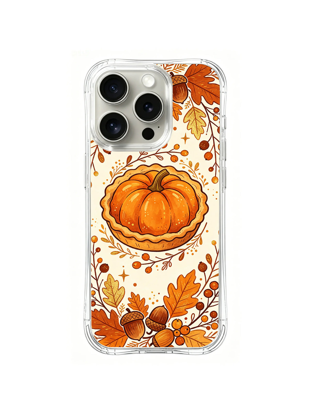 Woodland Thanksgiving Treats / Forest Pie Keepsake: One pumpkin-shaped pastry above an ornamental border of acorns and broad autumn leaves.
