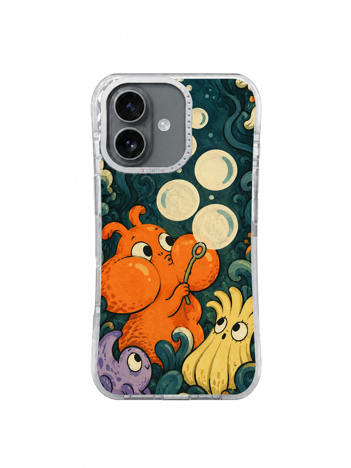 Front view of Worries Leave as Bubbles iPhone 17 case by Tessa Brindle