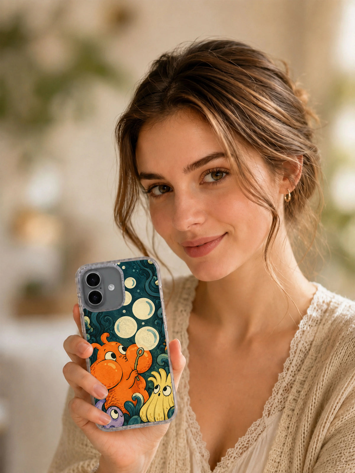 Lifestyle view of Worries Leave as Bubbles iPhone 17 case