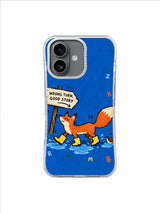 Crooked Sign Crossing artwork on an iPhone 16 case with fox, puddles and handmade road signs