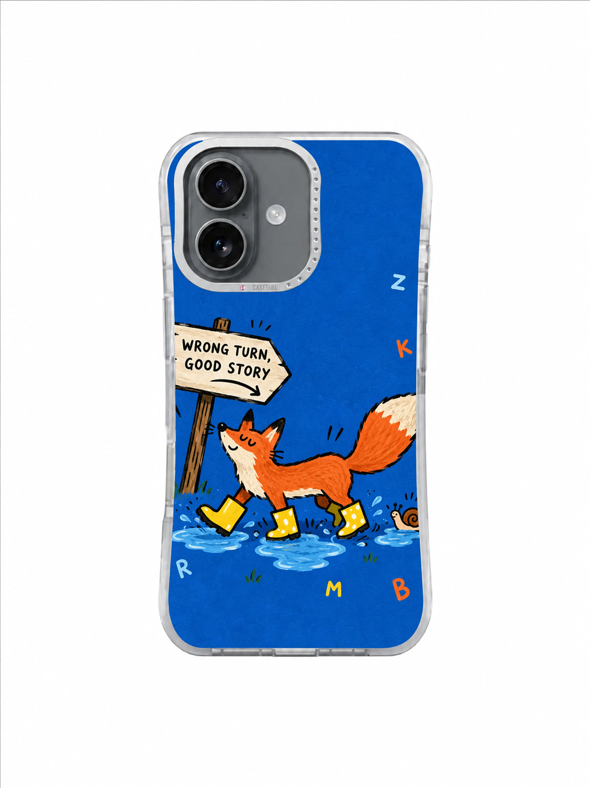 Crooked Sign Crossing artwork on an iPhone 16 case with fox, puddles and handmade road signs