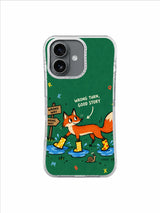 Green Shortcut Junction artwork on an iPhone 16 case with orange fox and conflicting direction signs