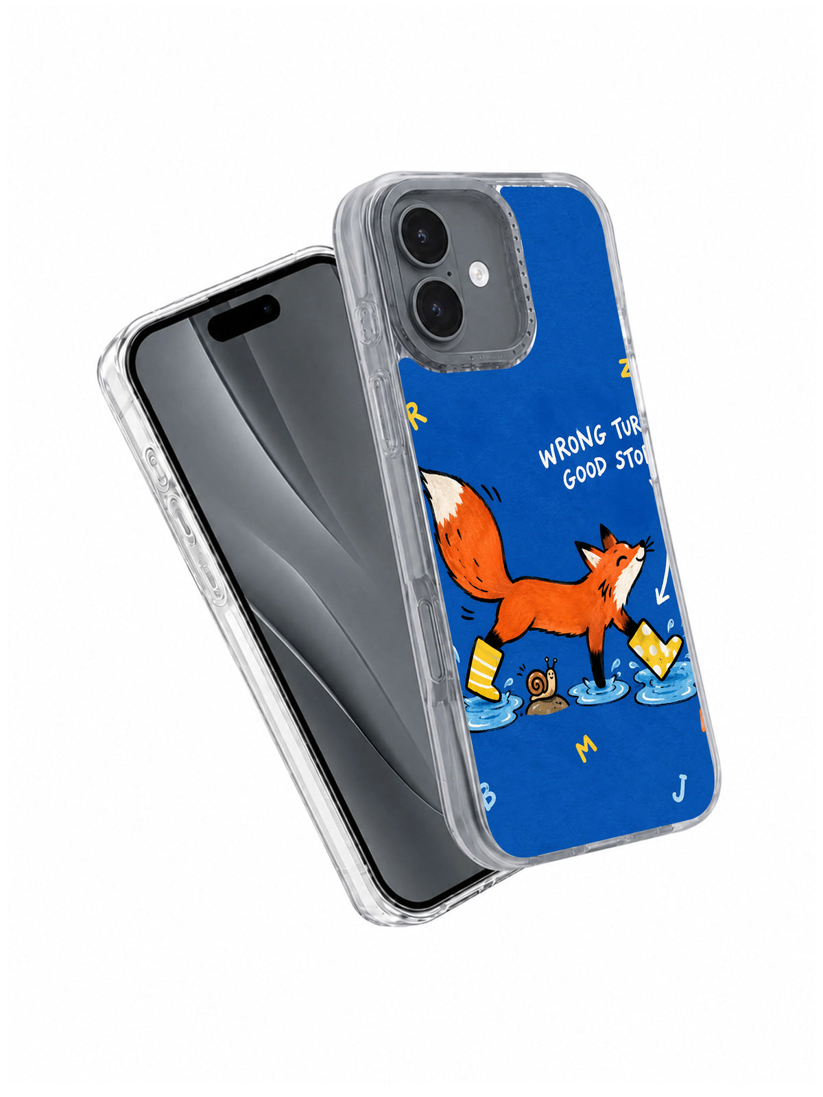 Wrong Turn, Good Story iPhone 16 case angled front and back view