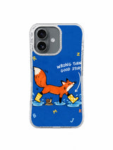 Wrong Turn, Good Story iPhone 16 case front view with orange fox and blue puddles