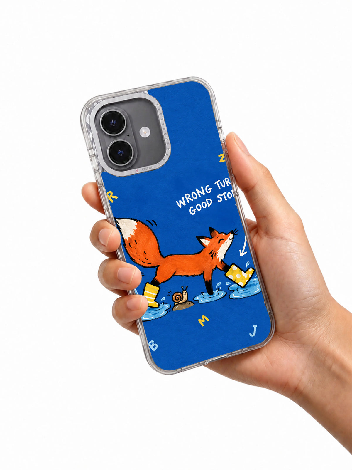 Hand holding the Wrong Turn, Good Story iPhone 16 case