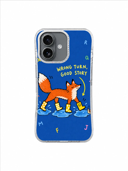Puddle Trail Fox artwork on an iPhone 16 case with orange fox, yellow rain boots and blue puddles