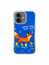 Rain-Boot Story Path artwork on an iPhone 16 case with fox, blue puddles and hand lettering